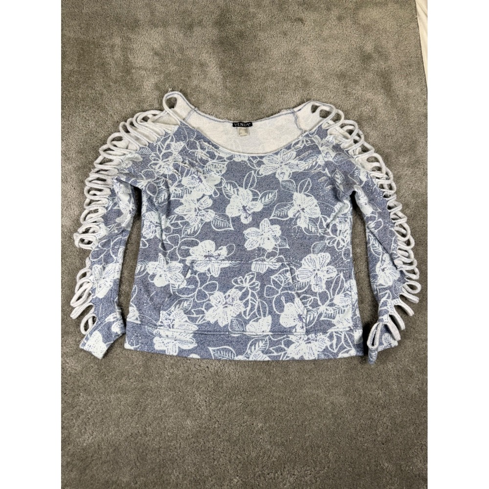 Venus Floral Lattice Sleeve Cold Shoulder Sweatshirt Blue White Hibiscus Medium